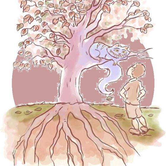 Ilustração da Corposofia: menino observando uma árvore de raízes profundas, emoldurada em um círculo mauve