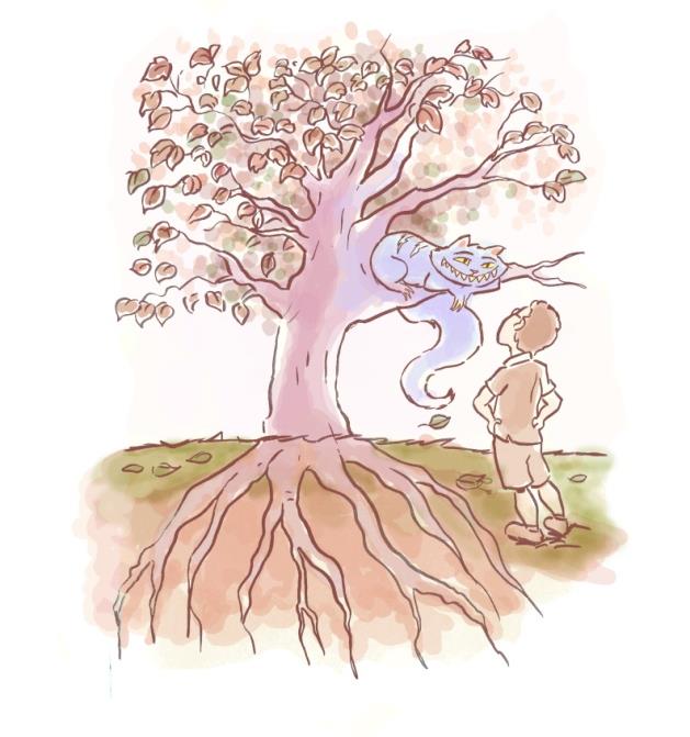 Ilustração da Corposofia: menino observando uma árvore de raízes profundas