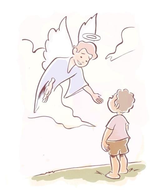 Ilustração de um menino sendo recebido por uma figura alada